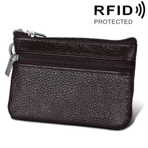 Cowhide Leather Zipper Solid Color Horizontal Card Holder Wallet RFID Blocking Coin Purse Card Bag Protect Case, Size: 11.4*7.4cm (Coffee)