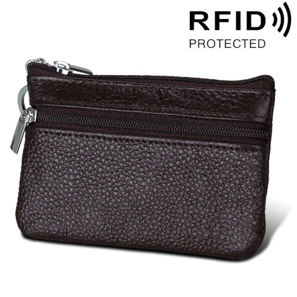 Cowhide Leather Zipper Solid Color Horizontal Card Holder Wallet RFID Blocking Coin Purse Card Bag Protect Case, Size: 11.4*7.4cm (Coffee)