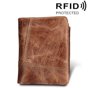 Genuine Cowhide Leather Crazy Horse Texture Zipper 3-folding Short Style Card Holder Wallet RFID Blocking Coin Purse Card Bag Protect Case for Men, Size: 12*9.5*4cm (Taupe)
