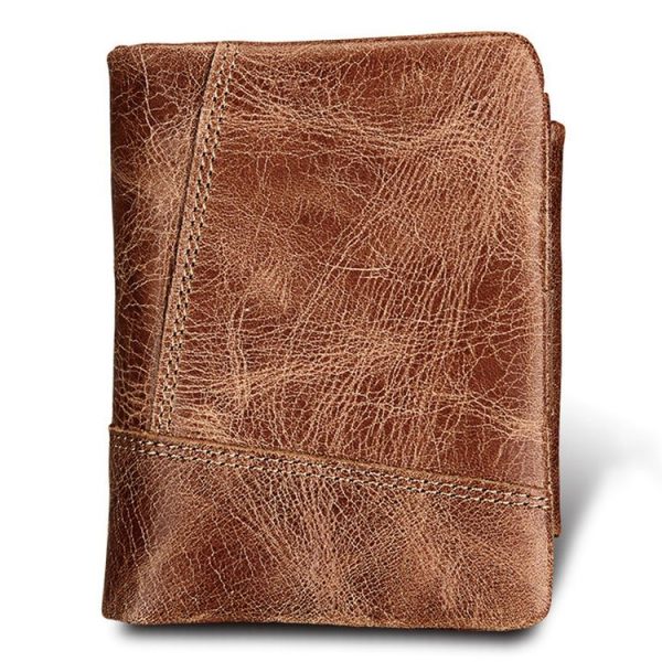 Genuine Cowhide Leather Crazy Horse Texture Zipper 3-folding Short Style Card Holder Wallet RFID Blocking Coin Purse Card Bag Protect Case for Men, Size: 12*9.5*4cm (Taupe) - Image 2