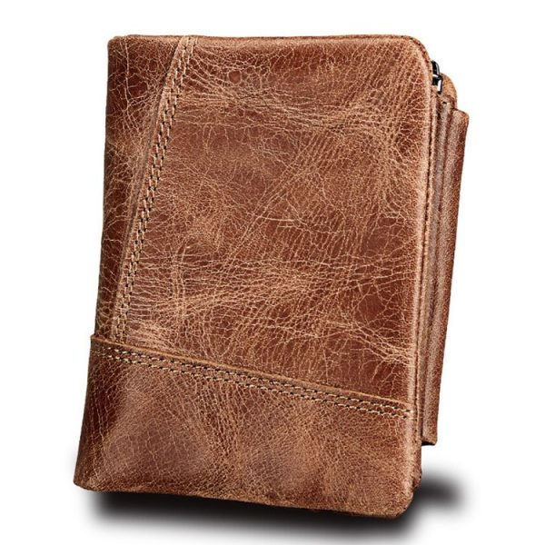 Genuine Cowhide Leather Crazy Horse Texture Zipper 3-folding Short Style Card Holder Wallet RFID Blocking Coin Purse Card Bag Protect Case for Men, Size: 12*9.5*4cm (Taupe) - Image 3