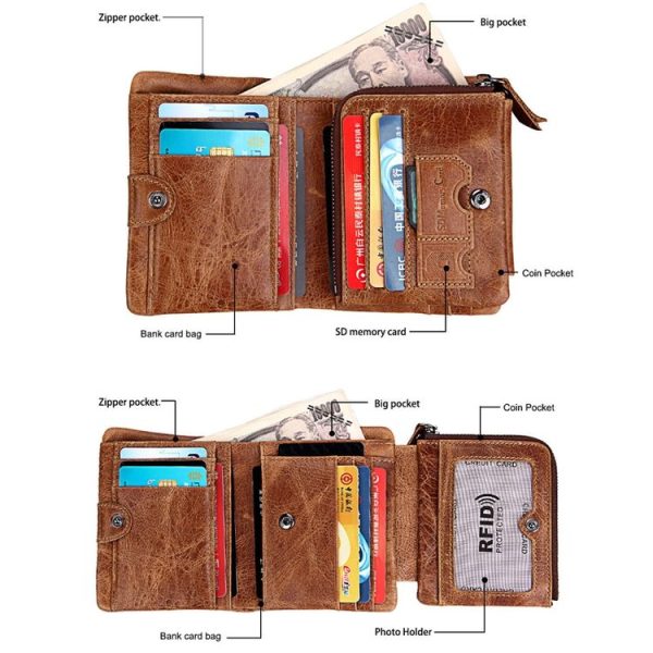 Genuine Cowhide Leather Crazy Horse Texture Zipper 3-folding Short Style Card Holder Wallet RFID Blocking Coin Purse Card Bag Protect Case for Men, Size: 12*9.5*4cm (Taupe) - Image 4