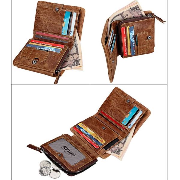 Genuine Cowhide Leather Crazy Horse Texture Zipper 3-folding Short Style Card Holder Wallet RFID Blocking Coin Purse Card Bag Protect Case for Men, Size: 12*9.5*4cm (Taupe) - Image 5