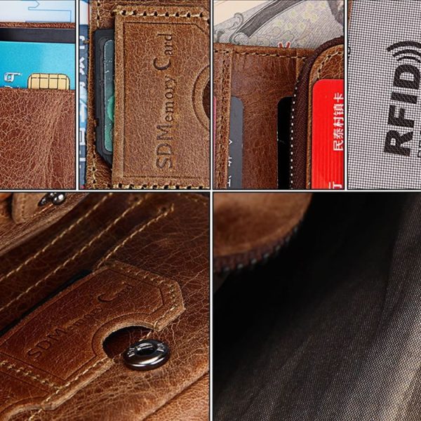 Genuine Cowhide Leather Crazy Horse Texture Zipper 3-folding Short Style Card Holder Wallet RFID Blocking Coin Purse Card Bag Protect Case for Men, Size: 12*9.5*4cm (Taupe) - Image 6