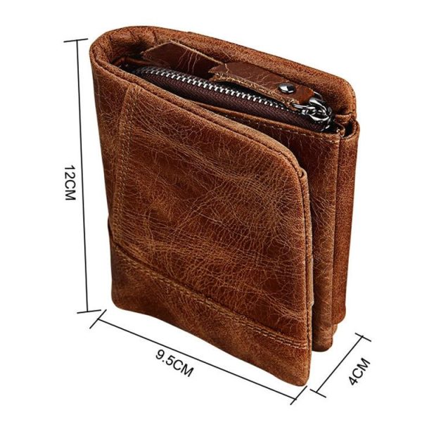 Genuine Cowhide Leather Crazy Horse Texture Zipper 3-folding Short Style Card Holder Wallet RFID Blocking Coin Purse Card Bag Protect Case for Men, Size: 12*9.5*4cm (Taupe) - Image 7