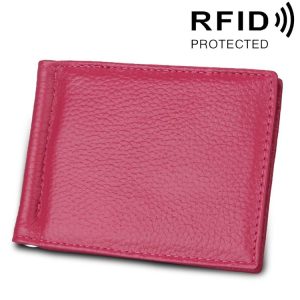 Cowhide Leather Litchi Texture Card Holder Wallet RFID Blocking Coin Purse Card Bag Protect Case with 6 Card Slots, Size: 110*82*8mm (Magenta)