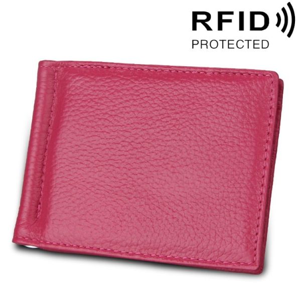 Cowhide Leather Litchi Texture Card Holder Wallet RFID Blocking Coin Purse Card Bag Protect Case with 6 Card Slots, Size: 110*82*8mm (Magenta)