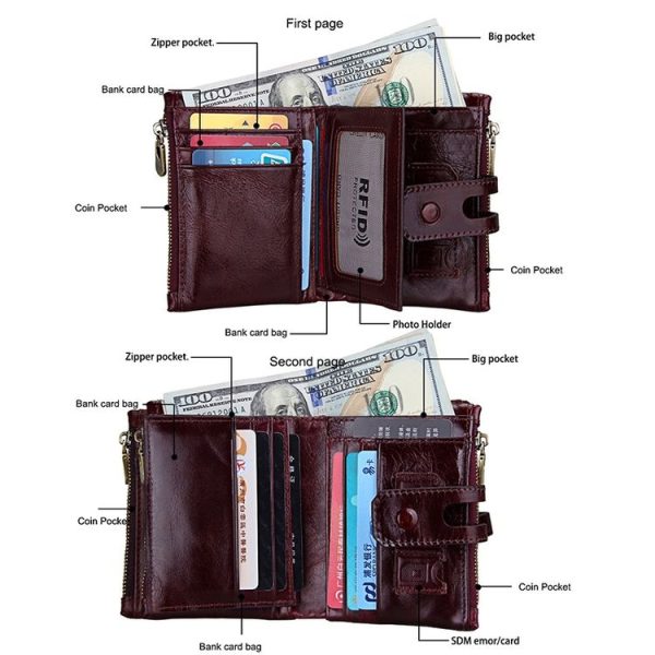 Genuine Cowhide Leather Crazy Horse Texture Zipper 3-folding Card Holder Wallet RFID Blocking Coin Purse Card Bag Protect Case for Men, Size: 12*9.5*3.5cm - Image 3