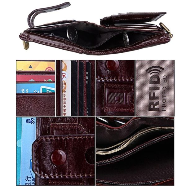 Genuine Cowhide Leather Crazy Horse Texture Zipper 3-folding Card Holder Wallet RFID Blocking Coin Purse Card Bag Protect Case for Men, Size: 12*9.5*3.5cm - Image 4