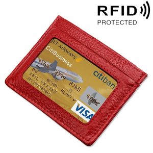 Cowhide Leather Litchi Texture Open Type Solid Color Card Holder RFID Blocking Card Bag Protective Case (Red)