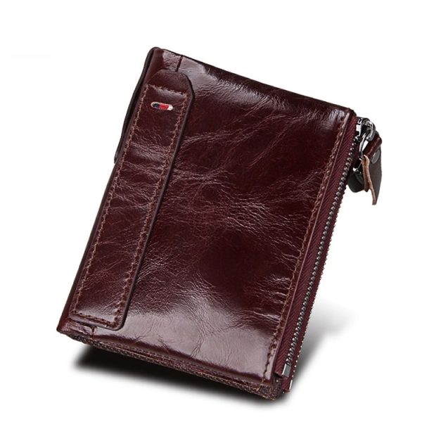 Genuine Cowhide Leather Crazy Horse Texture Dual Zipper Short Style Card Holder Wallet RFID Blocking Card Bag Protect Case for Men, Size: 12.1*9.4*2.7cm - Image 2