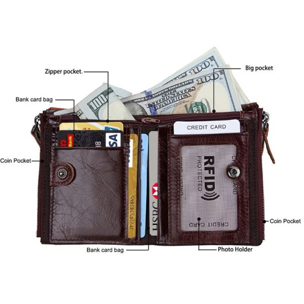 Genuine Cowhide Leather Crazy Horse Texture Dual Zipper Short Style Card Holder Wallet RFID Blocking Card Bag Protect Case for Men, Size: 12.1*9.4*2.7cm - Image 3