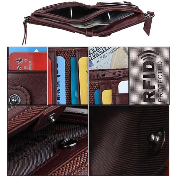 Genuine Cowhide Leather Crazy Horse Texture Dual Zipper Short Style Card Holder Wallet RFID Blocking Card Bag Protect Case for Men, Size: 12.1*9.4*2.7cm - Image 4