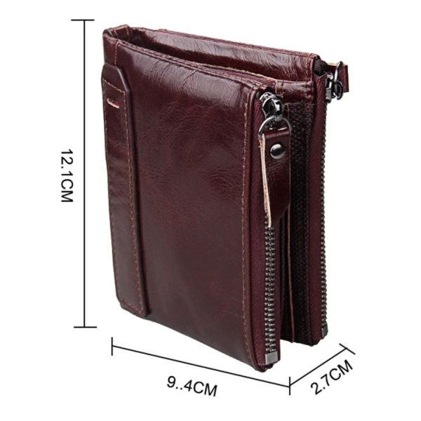 Genuine Cowhide Leather Crazy Horse Texture Dual Zipper Short Style Card Holder Wallet RFID Blocking Card Bag Protect Case for Men, Size: 12.1*9.4*2.7cm - Image 5