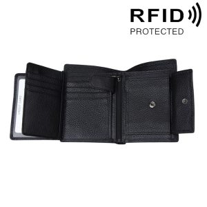 Genuine Cowhide Leather 3-folding Card Holder Wallet RFID Blocking Card Bag Protect Case for Men, Size: 13*10.2*2.5cm (Black)