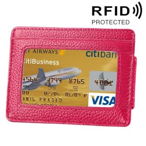 Cowhide Leather Solid Color Card Holder Wallet RFID Blocking Card Bag Protect Case with 3 Card Slots & Photo Frame, Size: 110*77*4mm (Magenta)