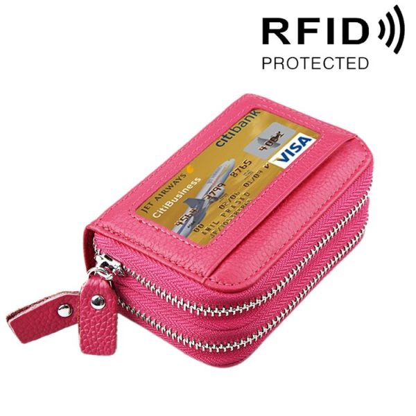 Genuine Cowhide Leather Dual Layer Solid Color Zipper Card Holder Wallet RFID Blocking Coin Purse Card Bag Protective Case with 11 Card Slots & Coin Position, Size: 11*7.5*4.5cm (Magenta)