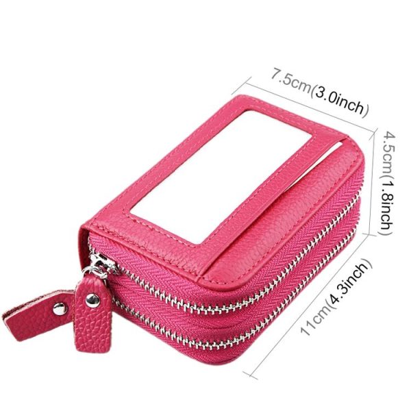 Genuine Cowhide Leather Dual Layer Solid Color Zipper Card Holder Wallet RFID Blocking Coin Purse Card Bag Protective Case with 11 Card Slots & Coin Position, Size: 11*7.5*4.5cm (Magenta) - Image 3