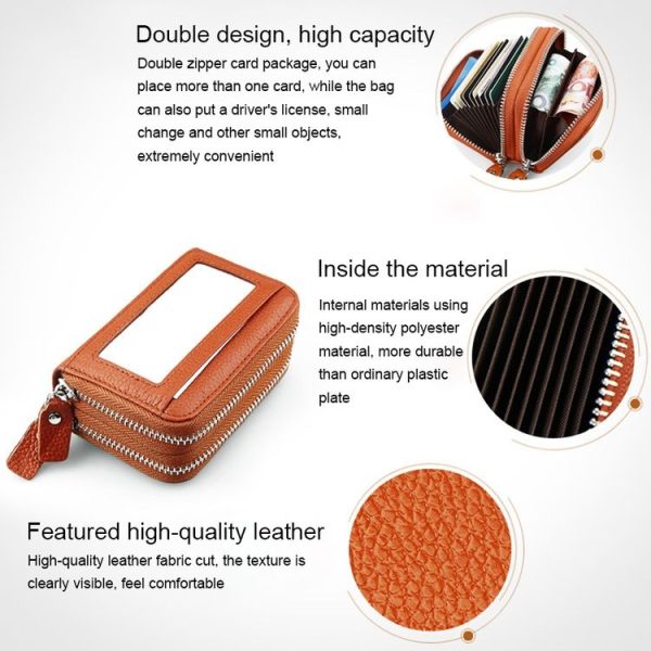 Genuine Cowhide Leather Dual Layer Solid Color Zipper Card Holder Wallet RFID Blocking Coin Purse Card Bag Protective Case with 11 Card Slots & Coin Position, Size: 11*7.5*4.5cm (Magenta) - Image 4