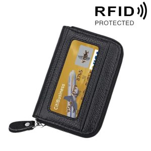 Genuine Cowhide Leather Solid Color Zipper Horizontal Card Holder Wallet RFID Blocking Card Bag Protect Case with 12 Card Slots, Size: 11.5*7.5cm (Black)