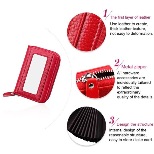 Genuine Cowhide Leather Solid Color Zipper Horizontal Card Holder Wallet RFID Blocking Card Bag Protect Case with 12 Card Slots, Size: 11.5*7.5cm (Black) - Image 3
