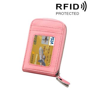 Genuine Cowhide Leather Solid Color Zipper Vertical Card Holder Wallet RFID Blocking Card Bag Protect Case with 12 Card Slots, Size: 11.5*7.5cm (Pink)