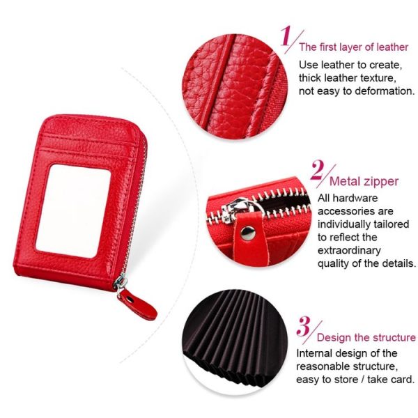 Genuine Cowhide Leather Solid Color Zipper Vertical Card Holder Wallet RFID Blocking Card Bag Protect Case with 12 Card Slots, Size: 11.5*7.5cm (Pink) - Image 5