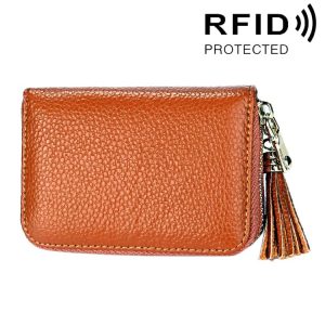 Genuine Cowhide Leather Solid Color Zipper Card Holder Wallet RFID Blocking Card Bag Protect Case Coin Purse with Tassel Pendant & 15 Card Slots for Women, Size: 11.1*7.6*3.5cm (Brown)