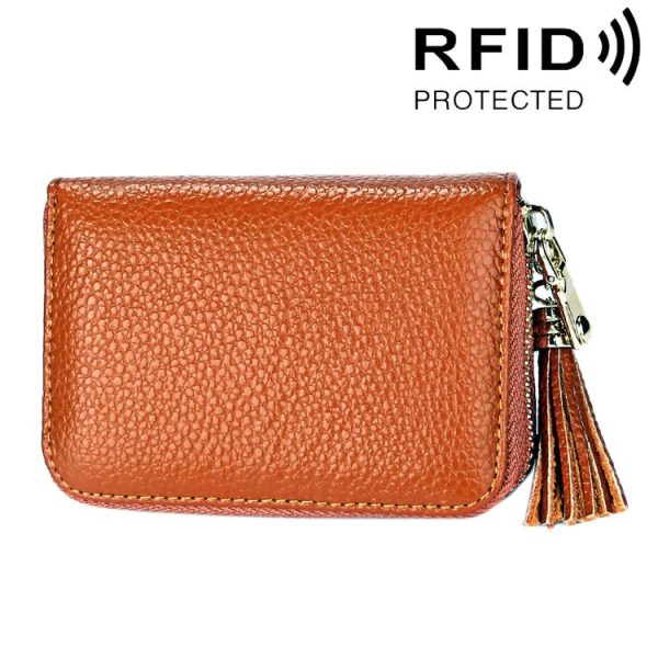 Genuine Cowhide Leather Solid Color Zipper Card Holder Wallet RFID Blocking Card Bag Protect Case Coin Purse with Tassel Pendant & 15 Card Slots for Women, Size: 11.1*7.6*3.5cm (Brown)