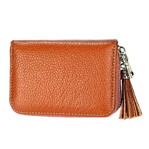 Genuine Cowhide Leather Solid Color Zipper Card Holder Wallet RFID Blocking Card Bag Protect Case Coin Purse with Tassel Pendant & 15 Card Slots for Women, Size: 11.1*7.6*3.5cm (Brown) - Image 2