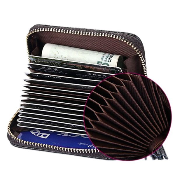 Genuine Cowhide Leather Solid Color Zipper Card Holder Wallet RFID Blocking Card Bag Protect Case Coin Purse with Tassel Pendant & 15 Card Slots for Women, Size: 11.1*7.6*3.5cm (Brown) - Image 4