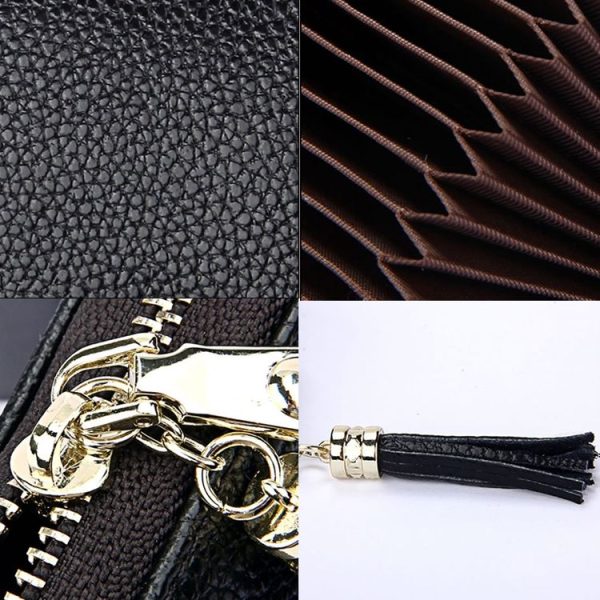 Genuine Cowhide Leather Solid Color Zipper Card Holder Wallet RFID Blocking Card Bag Protect Case Coin Purse with Tassel Pendant & 15 Card Slots for Women, Size: 11.1*7.6*3.5cm (Brown) - Image 7