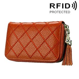 Genuine Cowhide Leather Grid Texture Zipper Card Holder Wallet RFID Blocking Card Bag Protect Case Coin Purse with Tassel Pendant & 15 Card Slots for Women, Size: 11.1*7.9*3.5cm (Brown)