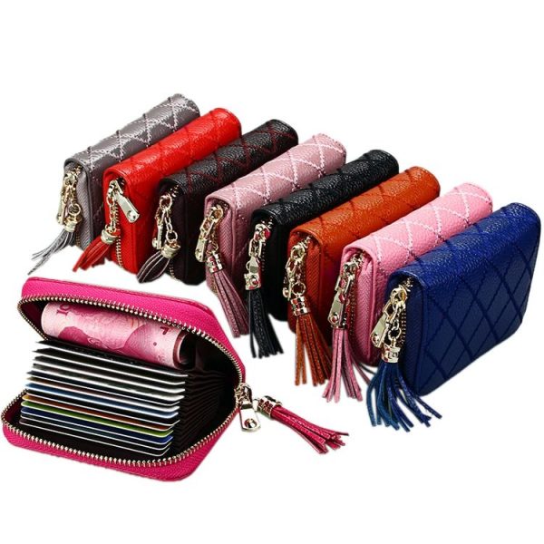 Genuine Cowhide Leather Grid Texture Zipper Card Holder Wallet RFID Blocking Card Bag Protect Case Coin Purse with Tassel Pendant & 15 Card Slots for Women, Size: 11.1*7.9*3.5cm (Brown) - Image 10