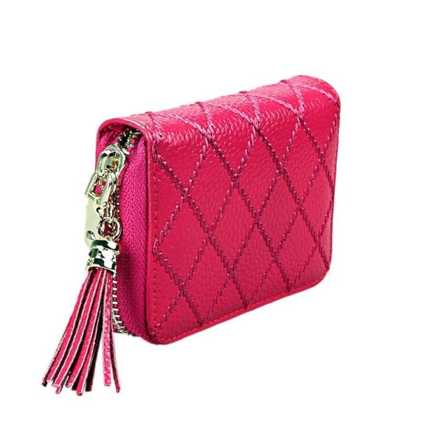Genuine Cowhide Leather Grid Texture Zipper Card Holder Wallet RFID Blocking Card Bag Protect Case Coin Purse with Tassel Pendant & 15 Card Slots for Women, Size: 11.1*7.9*3.5cm (Brown) - Image 3