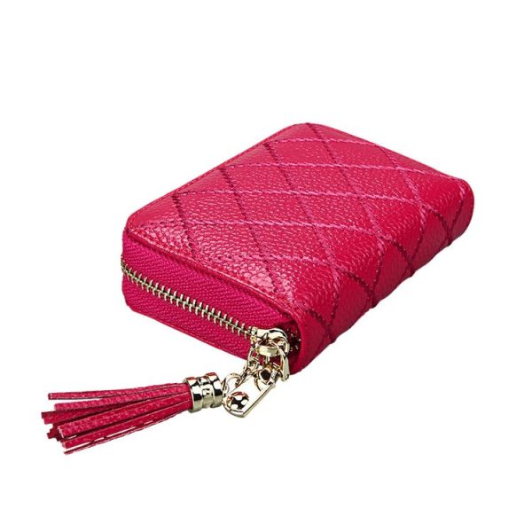 Genuine Cowhide Leather Grid Texture Zipper Card Holder Wallet RFID Blocking Card Bag Protect Case Coin Purse with Tassel Pendant & 15 Card Slots for Women, Size: 11.1*7.9*3.5cm (Brown) - Image 4