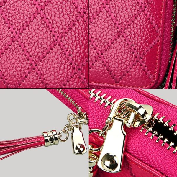 Genuine Cowhide Leather Grid Texture Zipper Card Holder Wallet RFID Blocking Card Bag Protect Case Coin Purse with Tassel Pendant & 15 Card Slots for Women, Size: 11.1*7.9*3.5cm (Brown) - Image 6