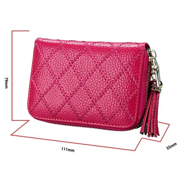 Genuine Cowhide Leather Grid Texture Zipper Card Holder Wallet RFID Blocking Card Bag Protect Case Coin Purse with Tassel Pendant & 15 Card Slots for Women, Size: 11.1*7.9*3.5cm (Brown) - Image 7