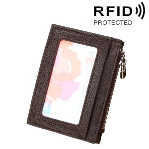 Cowhide Leather Solid Color Zipper Card Holder Wallet RFID Blocking Card Bag Protect Case Coin Purse, Size: 11*8*1.5cm (Coffee)