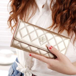 Fashion Argyles Texture Metal Crown 3-Folding Long Design PU Leather Wallet Coin Purse for Women (Gold)