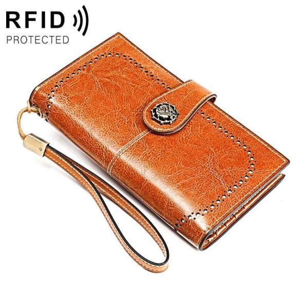 3526 Vintage Oil Wax Texture Large Capacity Long Multi-function Anti-magnetic RFID Wallet Clutch for Ladies (Brown)