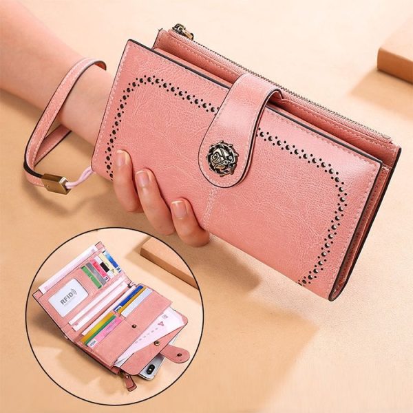 3526 Vintage Oil Wax Texture Large Capacity Long Multi-function Anti-magnetic RFID Wallet Clutch for Ladies (Brown) - Image 11