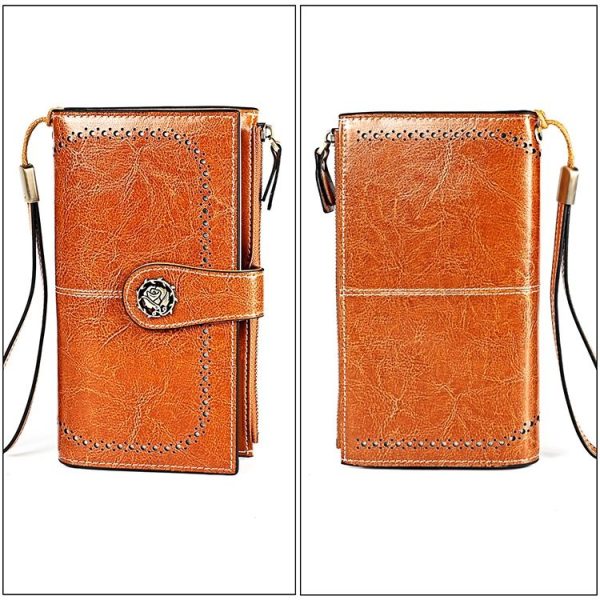 3526 Vintage Oil Wax Texture Large Capacity Long Multi-function Anti-magnetic RFID Wallet Clutch for Ladies (Brown) - Image 3