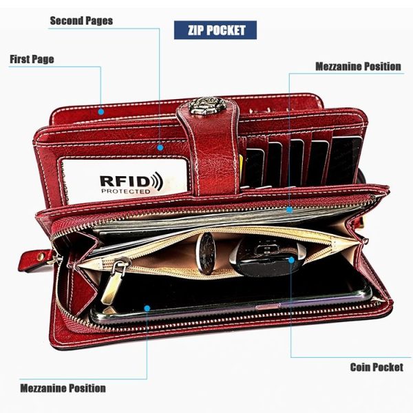 3555 Large Capacity Long Multi-function Anti-magnetic RFID Wallet Clutch for Ladies with Card Slots (Red) - Image 8