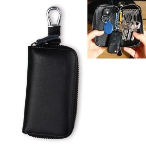 9092 Business Style Multifunctional Genuine Leather Zipper Car Key Bag (Black)
