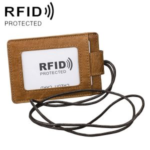 KB153 Antimagnetic RFID Leather Card Holder ID Card Badge with Lanyard (Yellowish-brown)