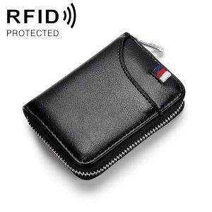 KB155 Antimagnetic RFID Zipper Leather Large-capacity Cards Holder Wallet (Black)