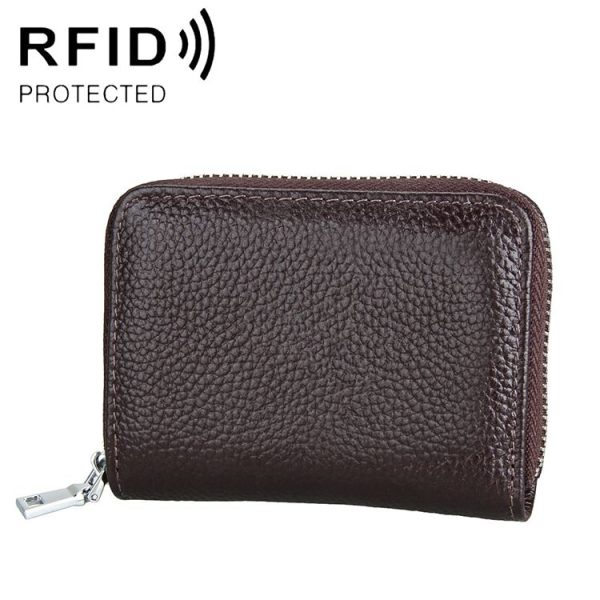 KB205 Antimagnetic RFID Litchi Texture Leather Zipper Large-capacity Card Holder Wallet (Coffee)