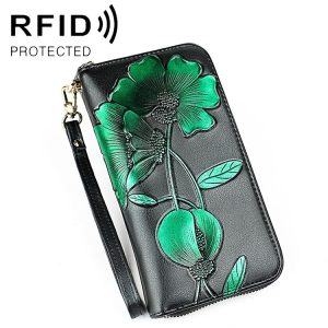907 Antimagnetic RFID Women Flower Pattern Large Capacity Hand Wallet Purse Phone Bag with Card Slots (Green)