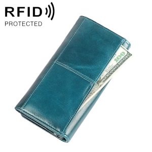 3559 Antimagnetic RFID Multi-function Zipper Retro Top-grain Leather Lady Purse Wallet (Blue)